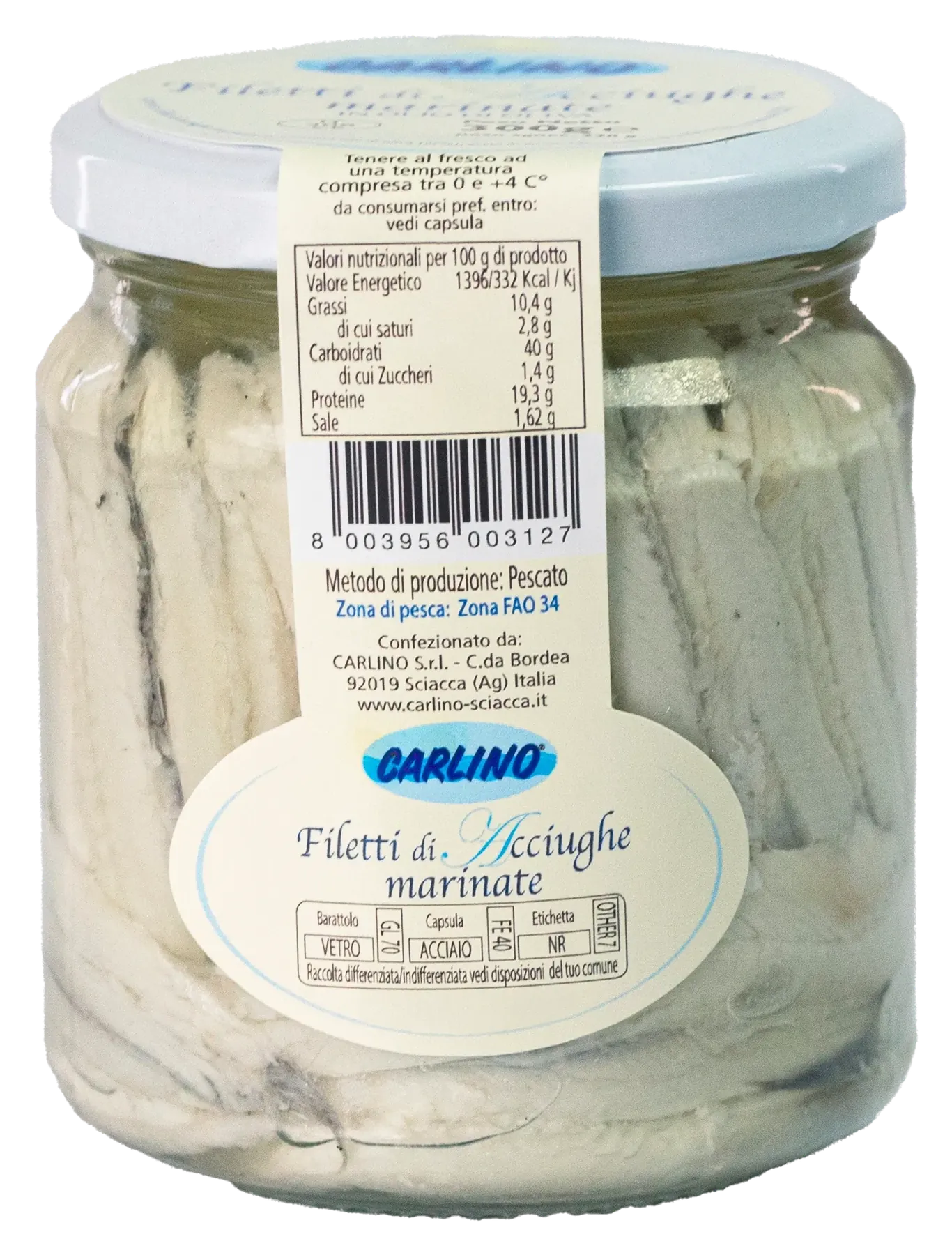 Filetti di acciughe marinate con olio di girasole 300 g, Carlino