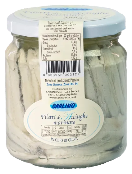 Filetti di acciughe marinate con olio di oliva 300 g, Carlino